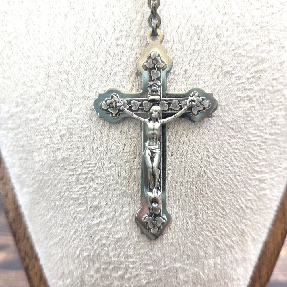Vintage Italian Blue Glass Rosary Necklace Silver Tone Filigree Beads 22"